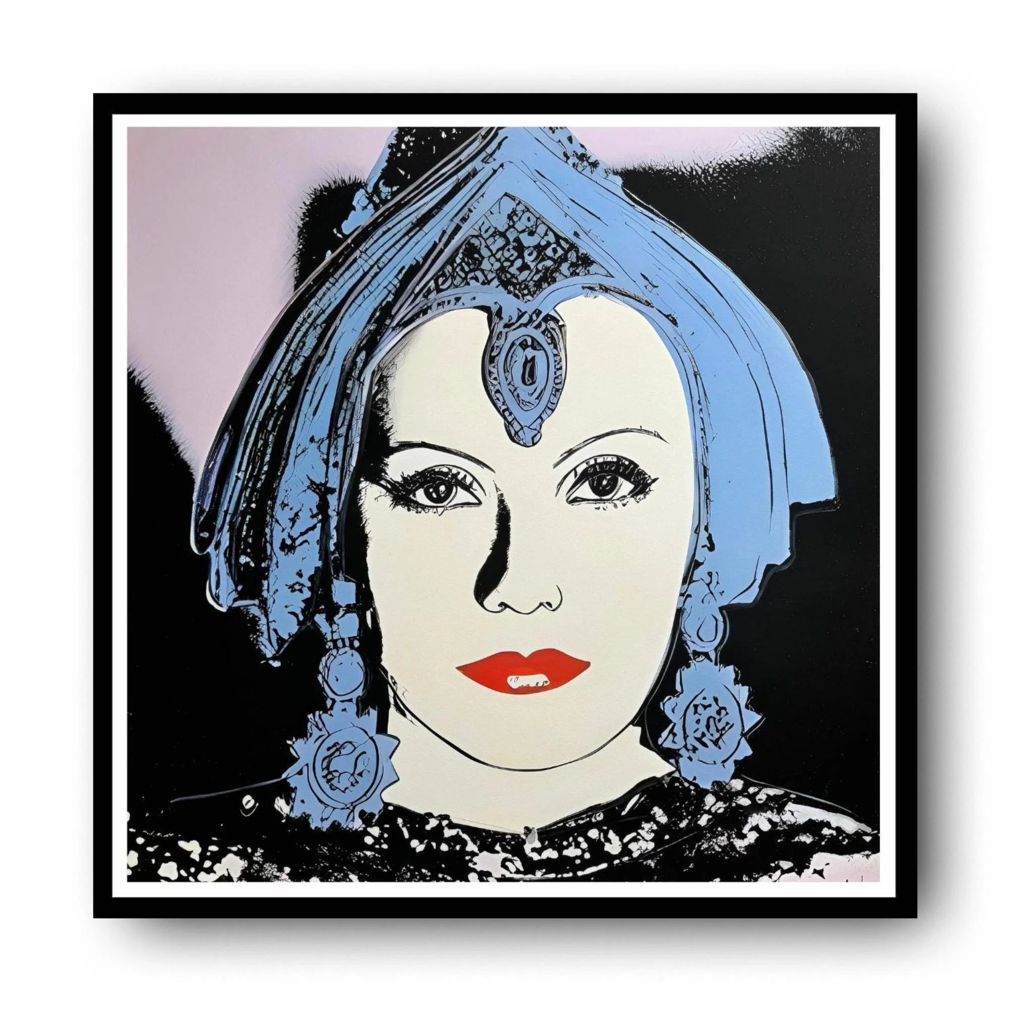 Framed artwork of a stylized portrait with blue headdress and red lipstick.